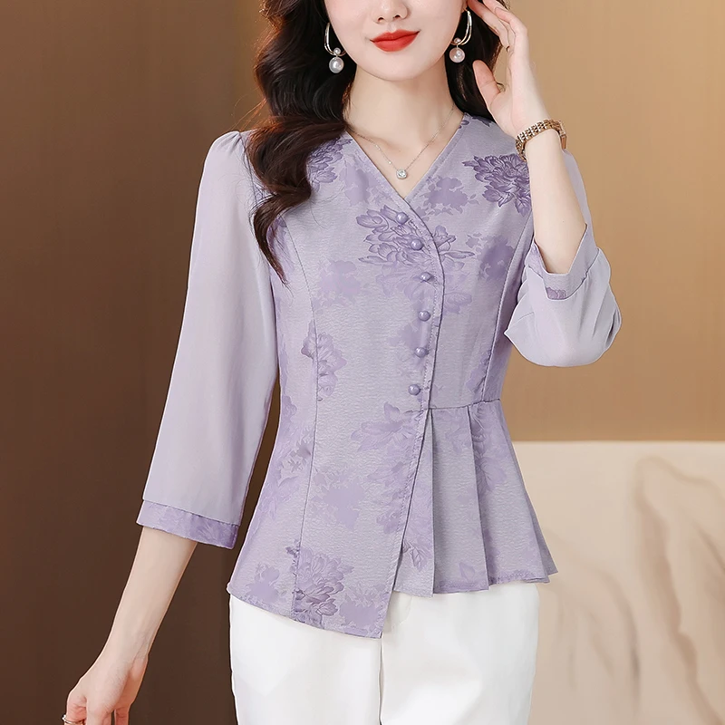 

2025 Women's Summer Jacquard Chiffon Blouse French Style Slim-Fit V-Neck 3/4 Sleeve Pleated Tops Lightweight and Fashion Shirt