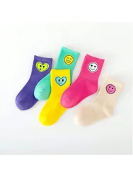 5 Pairs of Four Seasons Children's Socks New Sports Smiling Face Expression Boys and Girls Mid-calf High Socks