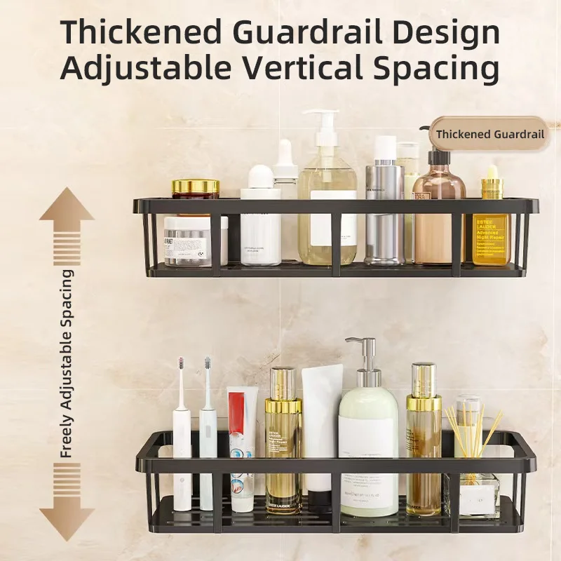 Adhesive Storage Rack Set of 2, No Drilling Required Bathroom Storage Rack, Space-Saving and Easy to Install Shower Storage Wall-Mounted Rack, with Drainage Holes, Anti-Water Accumulation Design, Can Hold Large Items