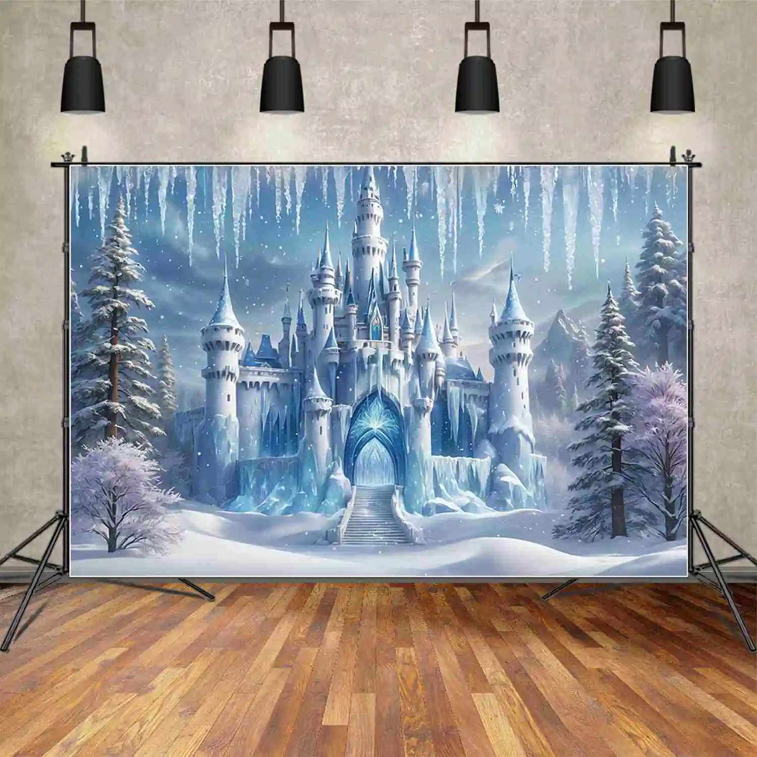 MOON.QG Girls Frozen Birthday Backrop for Photoshoot Winter Castle Princess Photozone Background Personalizd Photography Props