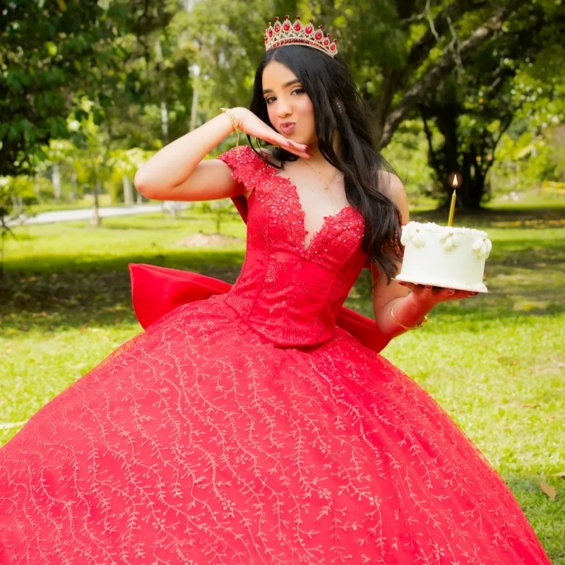 

Simple Shiny Red Quinceanera Dresses Off the Shoulder Sequins Decal Long tail Big Bow Vestido De 15 Quinceanera Customize