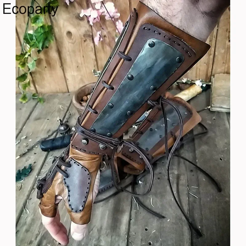 Mężczyźni średniowieczny samuraj skórzany ramię zbroja Bracer długie rękawiczki Viking Archer rycerz akcesoria Cosplay rękawica Steampunk Vambrace 20