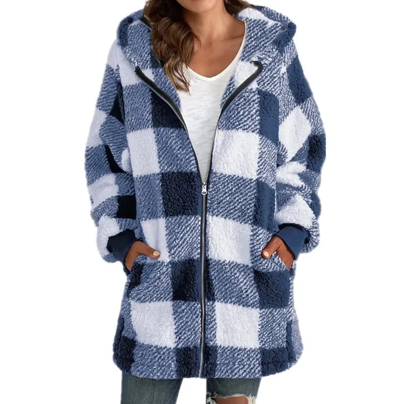 Fashion simple autumn and winter plush women\'s coat new long sleeve plaid thick warm hooded zipper with pocket loose coat