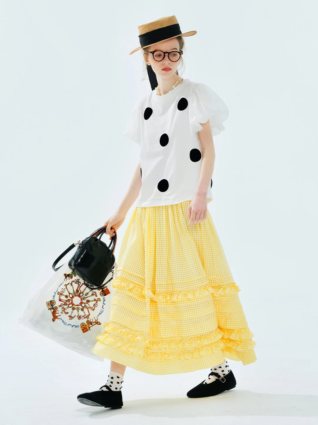 Women's White Top Short Sleeve Round Neck Black Polka Dots Puff Sleeve Office to Weekend Stretch Fabric Trendy Blouse 255067 - Image 4
