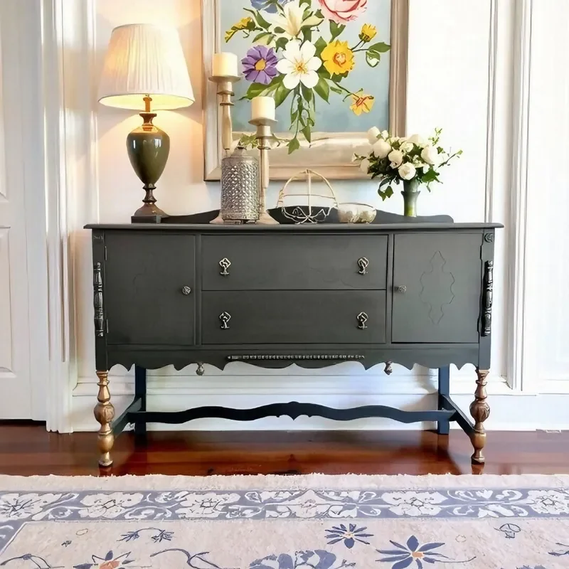 Retro Solid Wood Sideboard with Drawers French Style Carved Wall Cabinet for Living Room Dining Area Two Tone Storage