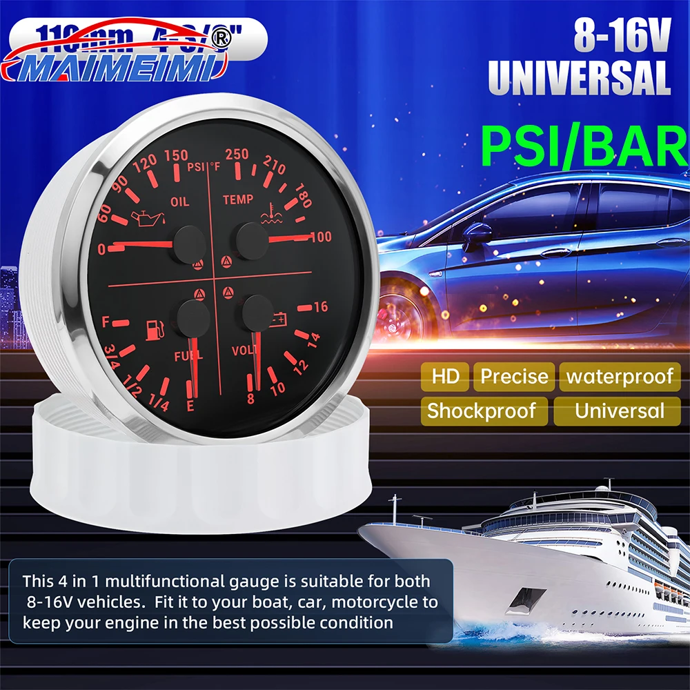 

4 in 1 Multi-function gauge Oil Pressure BAR PSI Fuel Level Gauge Water Temp Voltmeter 110mm Car Digital pointer For Car Boat