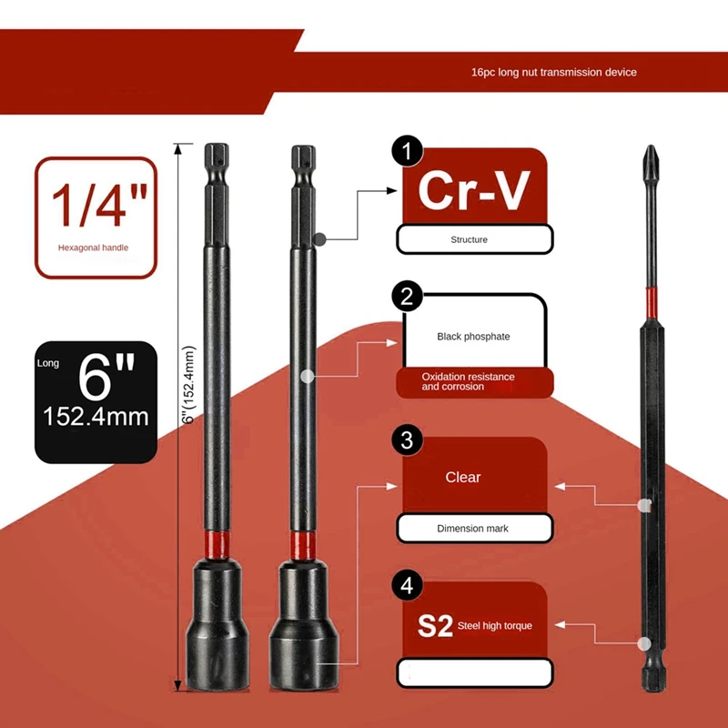 AT19-Magnetic Driver mur 6 Inche Leader Nut Driver Leader Nut Drive perangkat (16 buah)