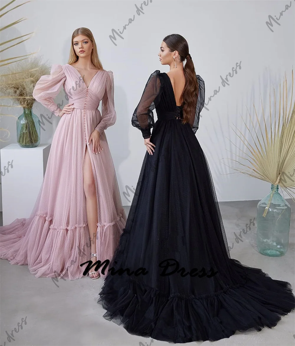 

Mina Customized V-neck Evening Dresses Woman Elegant Dresses for Women Gala Party Dress High Side Slits Ball Gowns Long Sleeves