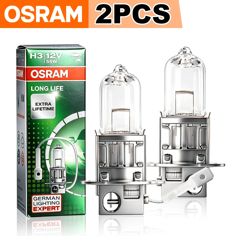 OSRAM 2Pcs Original H3 Car Halogen Headlight Bulb Longlife 12V 55W 64151 PK22s Standard Light Fog Lamps Auto High Low 3200K OEM