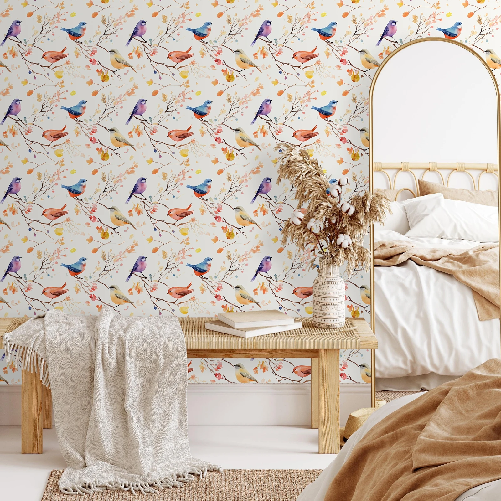 

Цветочные обои, акварельные птицы и цветочные наклейки для спальни, аксессуары для дома, самоклеящиеся обои, 50 см * 300 см