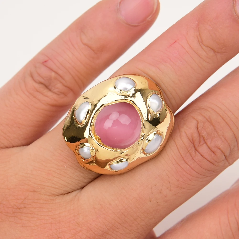 GG Natural Pink Cat Eye Stone Gold Edge Plated White Pearl Paved Rings Adjustable Gem Rings For Lady Gifts