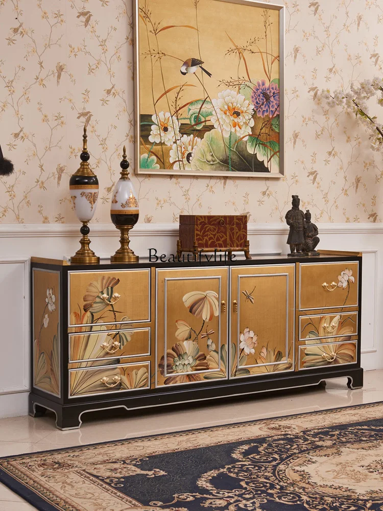 

2024 New Chinese Style Living Room Gold Foil Painted Lotus TV Floor Cabinet