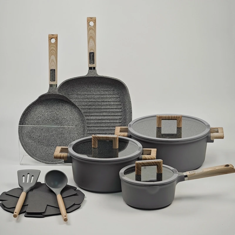 Granite Non-stick Cookware Set 13 Pieces Medical Stone Aluminum Gas Induction Cooker Universal Soup Pot Frying Pan Milk Pot Set