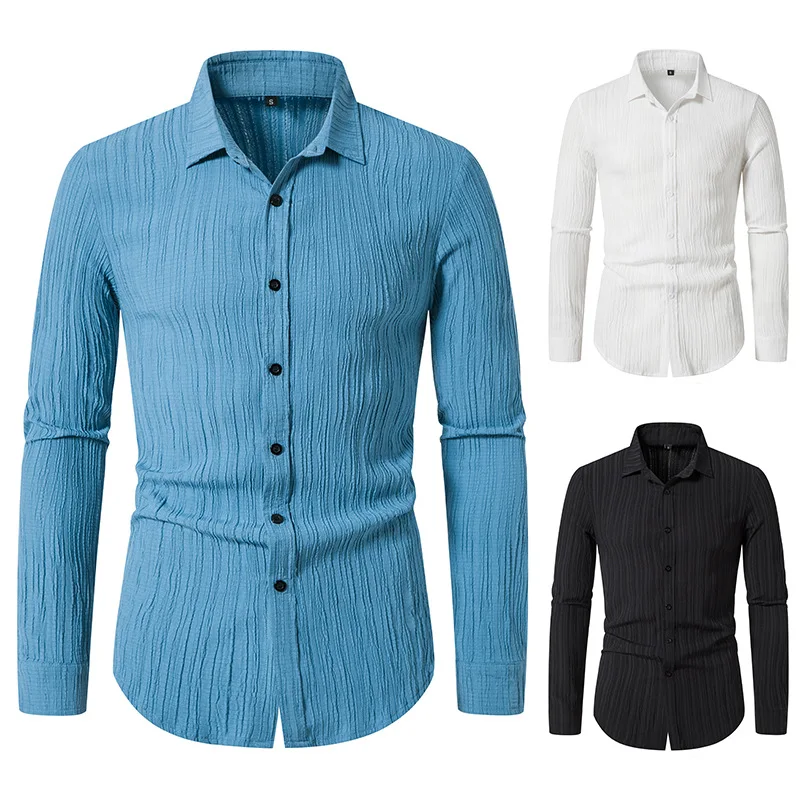 

Long Sve Cotton Linen Men's irt Wave Pattern Faionable Muscular Bar DJ Stage Performance Dance irt Stand Fit Four...