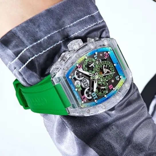 

BONEST GATTI Мужские автоматические часы 45 мм Tonneau Механические наручные часы Акриловый корпус Светящийся ремешок из фторкаучука с несколькими циферблатами