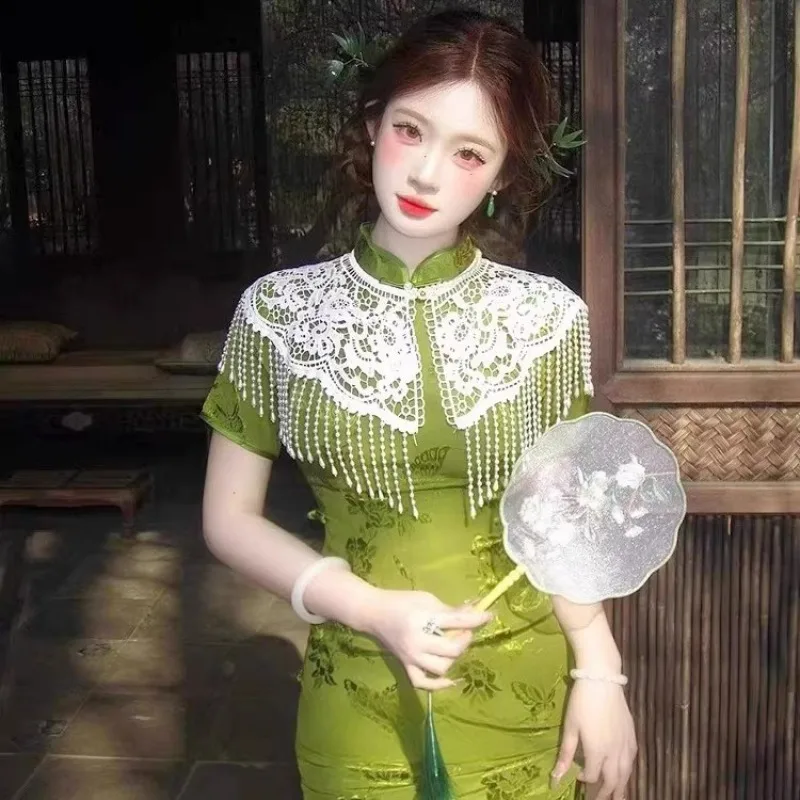 Cheongsam Cloud Shoulder New Chinese-style Pearl Tassel Shawl Waistcoat Chinese-style Hanfu Collar Heavy Retro Lace Fashionable