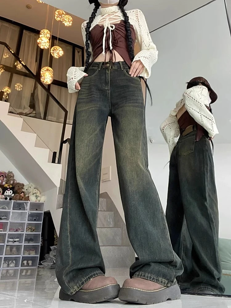 

Женские широкие прямые джинсы в стиле ретро, крутая уличная одежда для девочек, женские повседневные мешковатые джинсовые брюки с высокой талией
