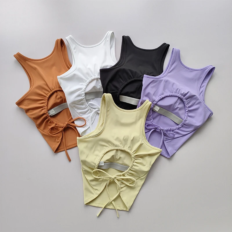 

Hollow Strap with Chest Pad Yoga Suit Sports Vest Women's Quick Drying Gym Sleeveless Slimming Training Fitness Top Summer Wear