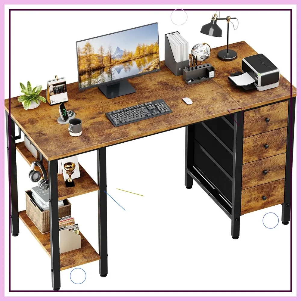 

47 Inch Desk with 4 Drawers & Storage Shelves, Modern Work Study Computer Table for Home Office Bedroom, Rustic Brown