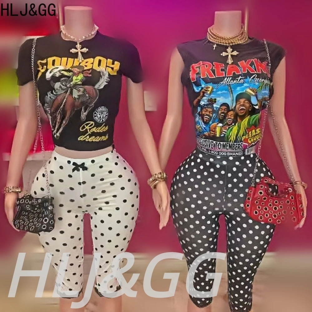 HLJ&GG Vintage Trend Letter Pattern Print Two Piece Sets Women Sleeveless Tshirts + Polka Dot Shorts Outfits Fashion Streetwear