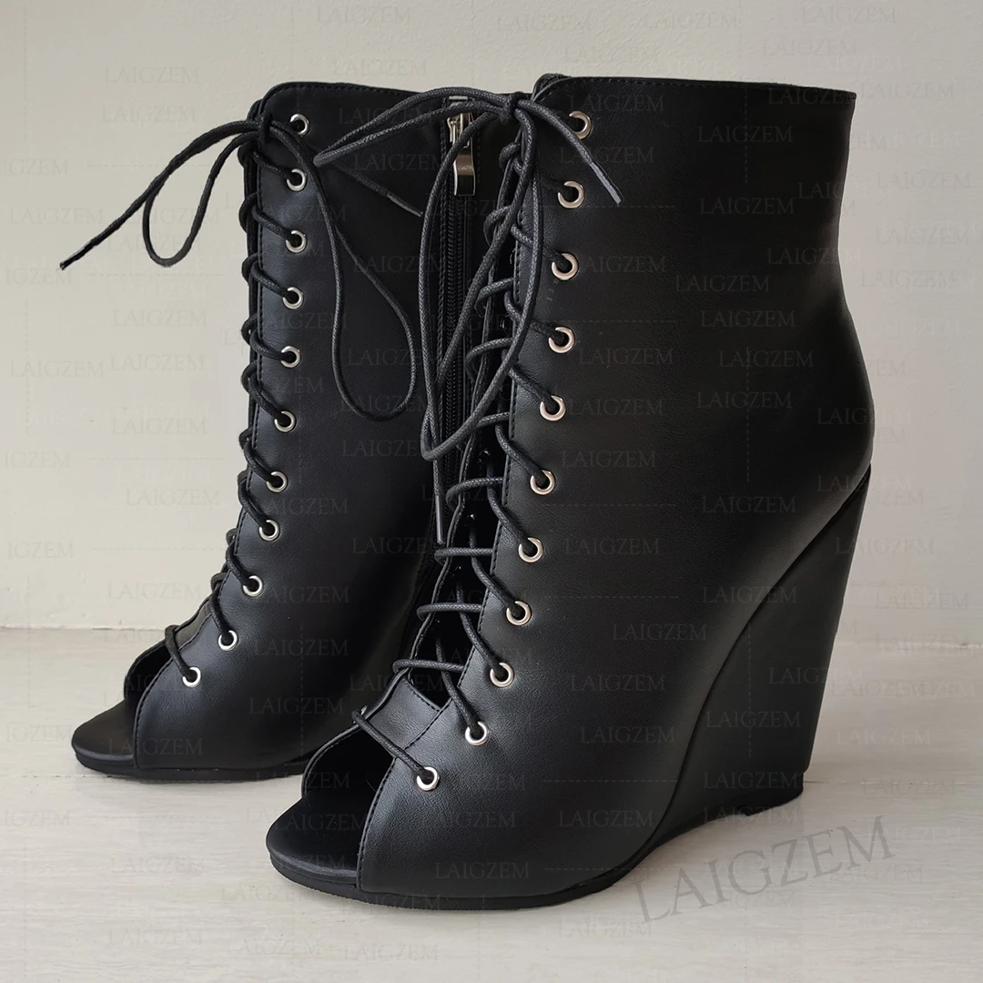 

ZHIMA Women Ankle Boots Wedges Super High Side Zip Up Peep Toe Handmade Short Boots Ladies Shoes Woman Big Size 41 43 45 50 52