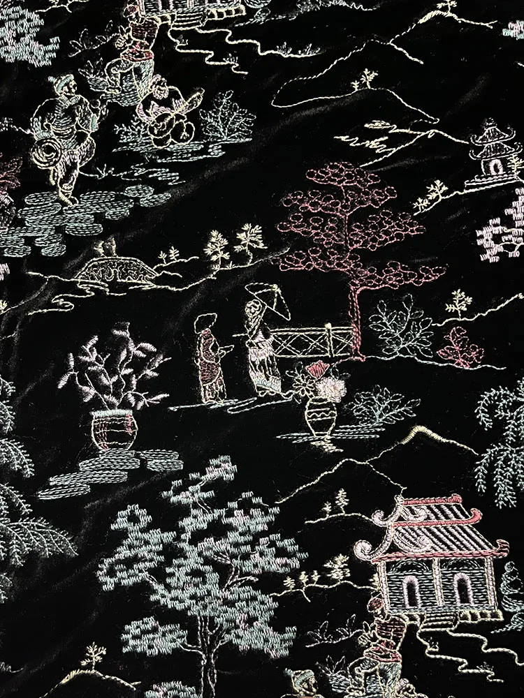 Heavy Industry High Quality Real Velvet Embroidery Fabrics New Chinese Designer Color Lantern Character Silk Fabric for Qipao