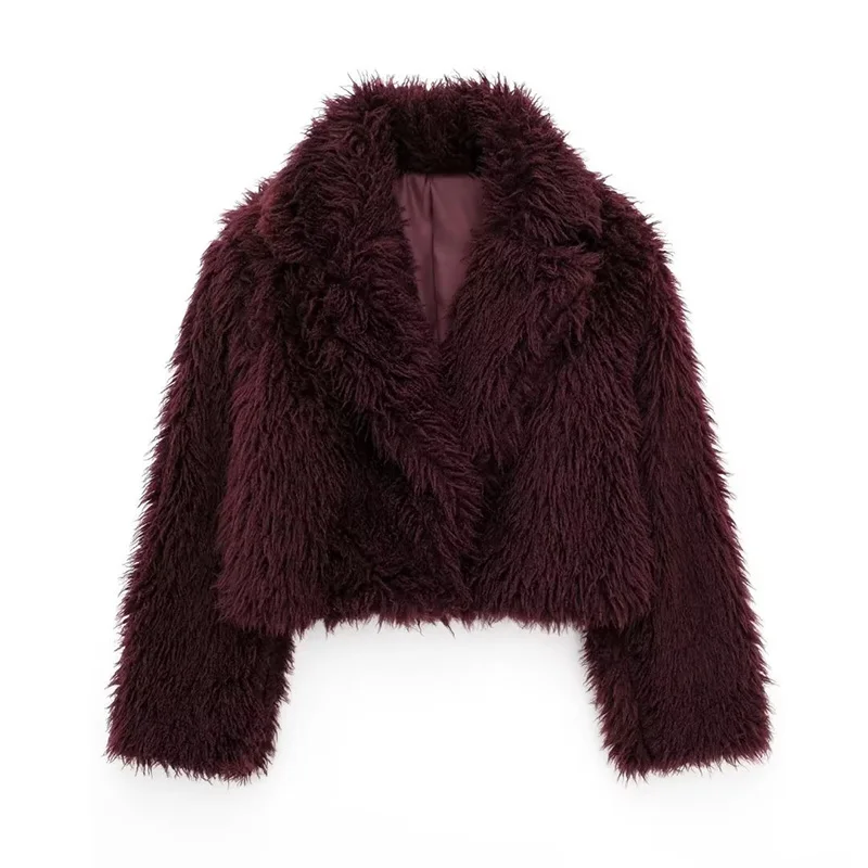 Koekop Women's Fashion Burgundy Asymmetric Thick Collar Fur Coat Vintage Casual Chic Temperament Lady Short Jacket