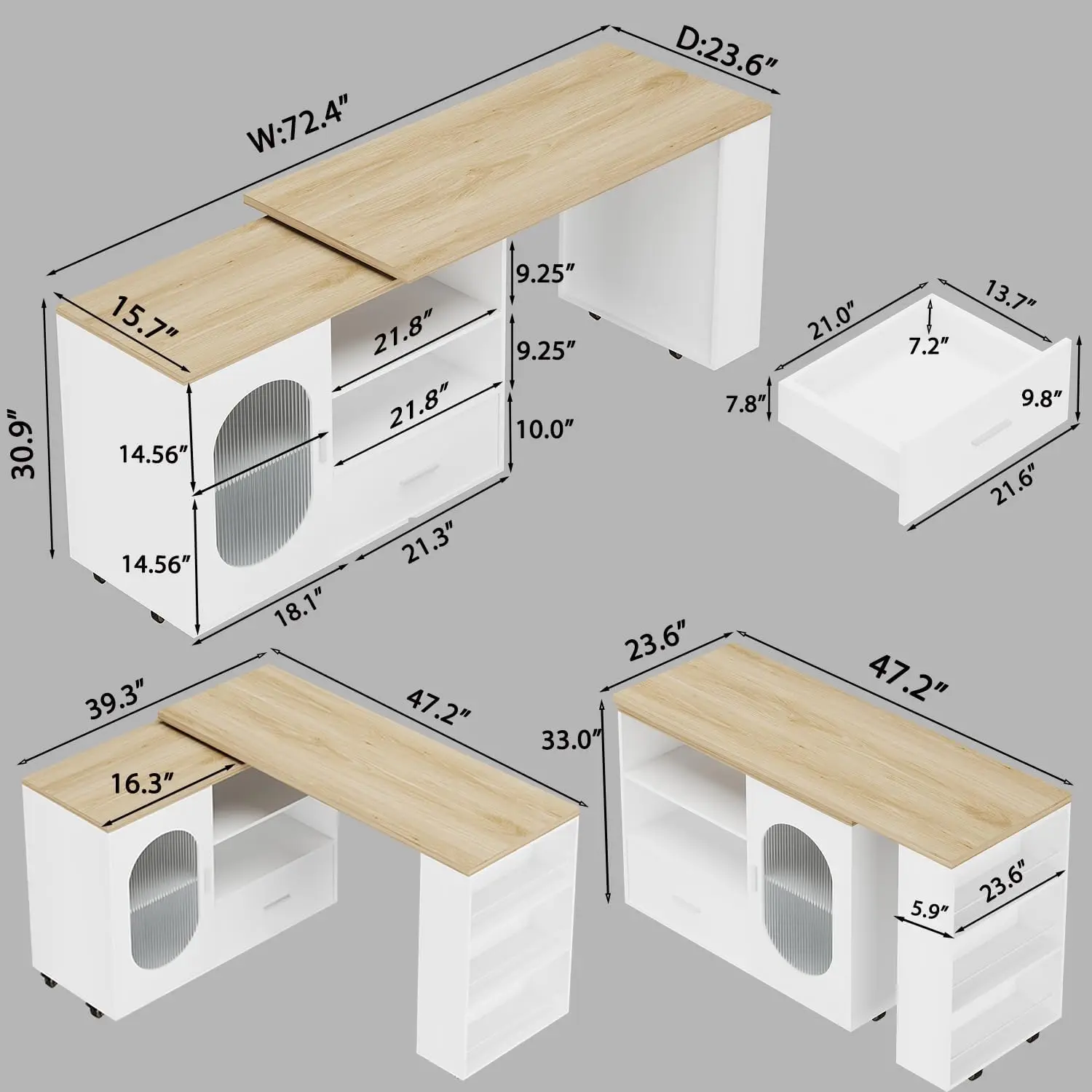72.4' โต๊ะครัวแบบเคลื่อนที่พร้อมที่เก็บของ ลิ้นชัก และชั้นวาง สีขาว รถเข็นเคลื่อนที่ทันสมัยบนล้อ