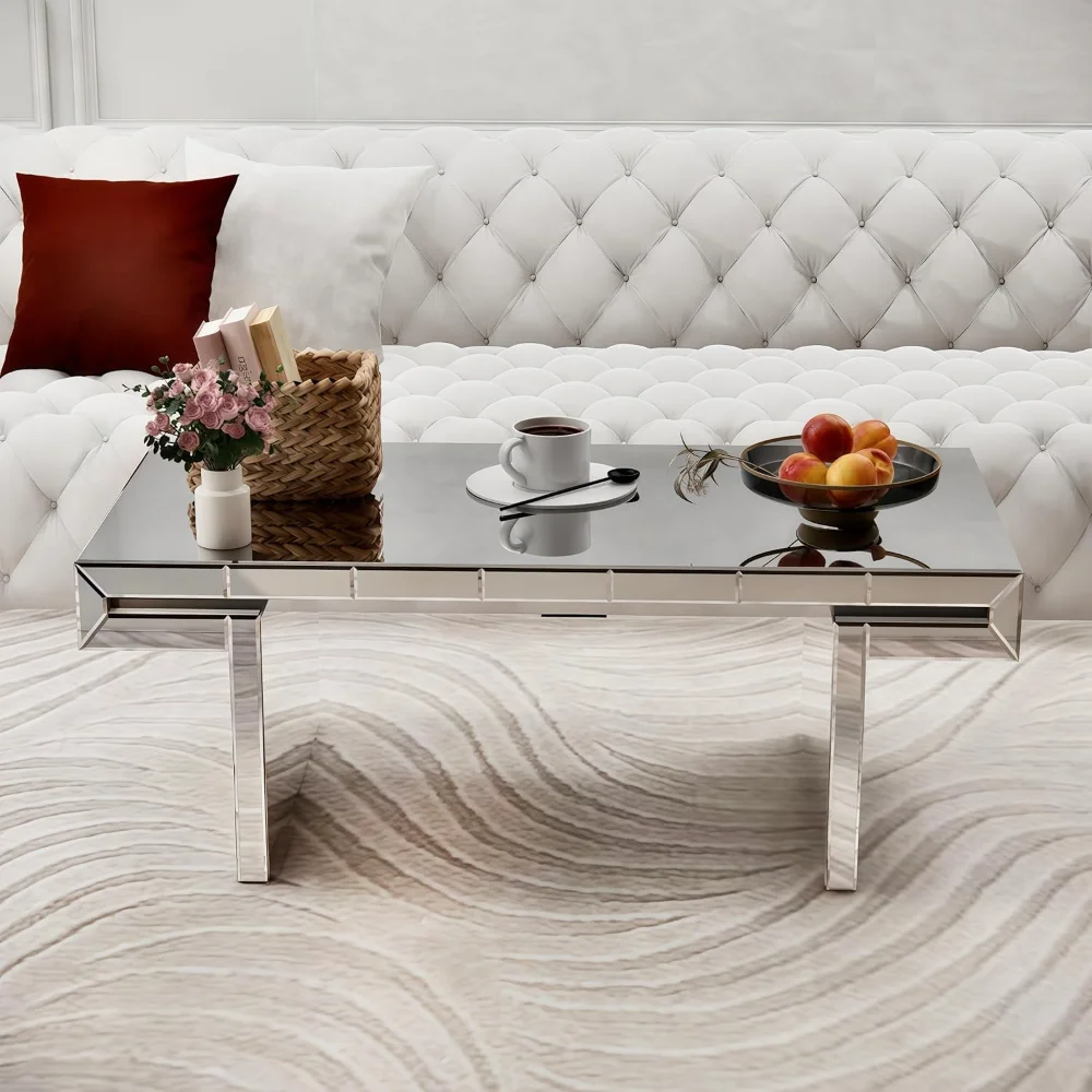 48" Modern Luxury Rectangle Mirrored Coffee Table - Silver Finish Center Table with Fluted Glass Edge