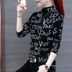 2024 New Autumn and Winter Korean Version Minimalist Casual Long Sleeved Slim Fit High Neck Printed Letter Women's T-shirt Top