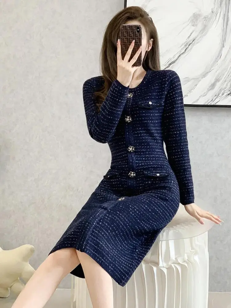 Royal Blue Knitted Sheath Dress Women Long Sleeve O Neck Buttons Pocket Stretch Sweater Party Dinner Elegant Midi Vestidos