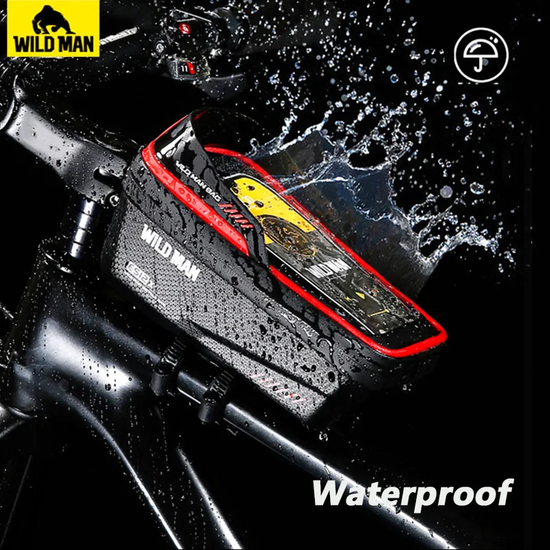 Wild Man Bicycle Bag Front Frame 1L Waterproof Cycling Front Tube Bag Phone Case Holder 6.8 Inch Touchscreen Bike Stem Bag