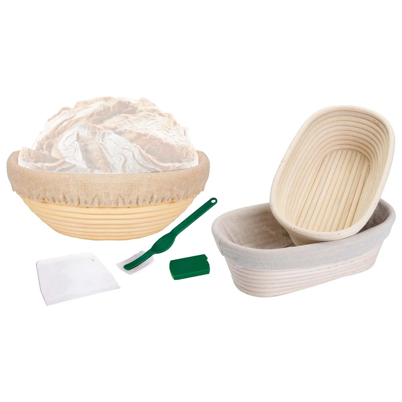 1 Set 10 Inch Bread Proofing Basket, Proofing Basket + Cloth Liner + Dough Scraper + Bread Lame & 2Pcs 25Cm/10 Inch Bread Basket