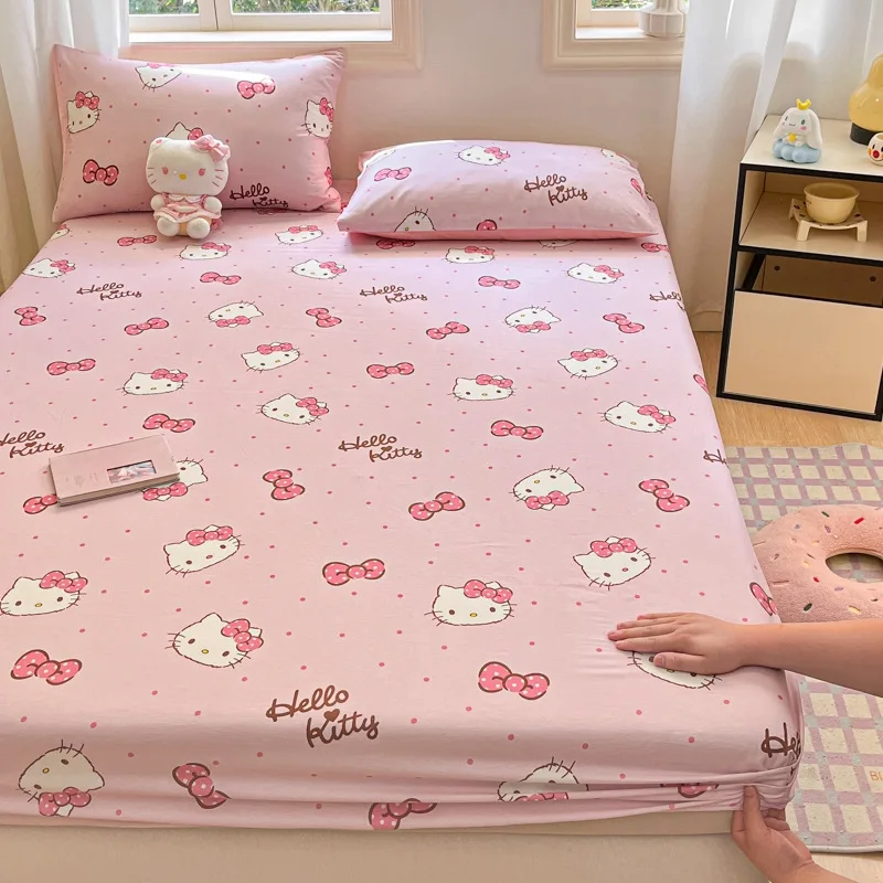 

Kawaii HelloKitty All Cotton Cartoon Single Fitted Sheet Pure Cotton Cute Kuromi Bed Sheet Children Mattress Cover Girl Gift Toy