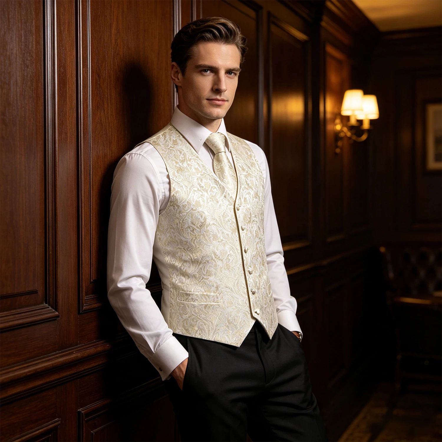 Ivory Gold Paisley Jacquard V-Neck Vest 4-In-1 Set Tie Square Cufflinks For Gentleman Formal Ball Wedding Guest