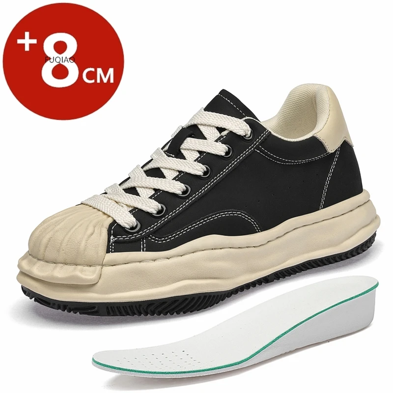 

8CM Height Increase Genuine Leather Retro Sneakers Non Slip Comfor Unisex Elevator Shoes Casual Lift Skate Shoes For Men Women
