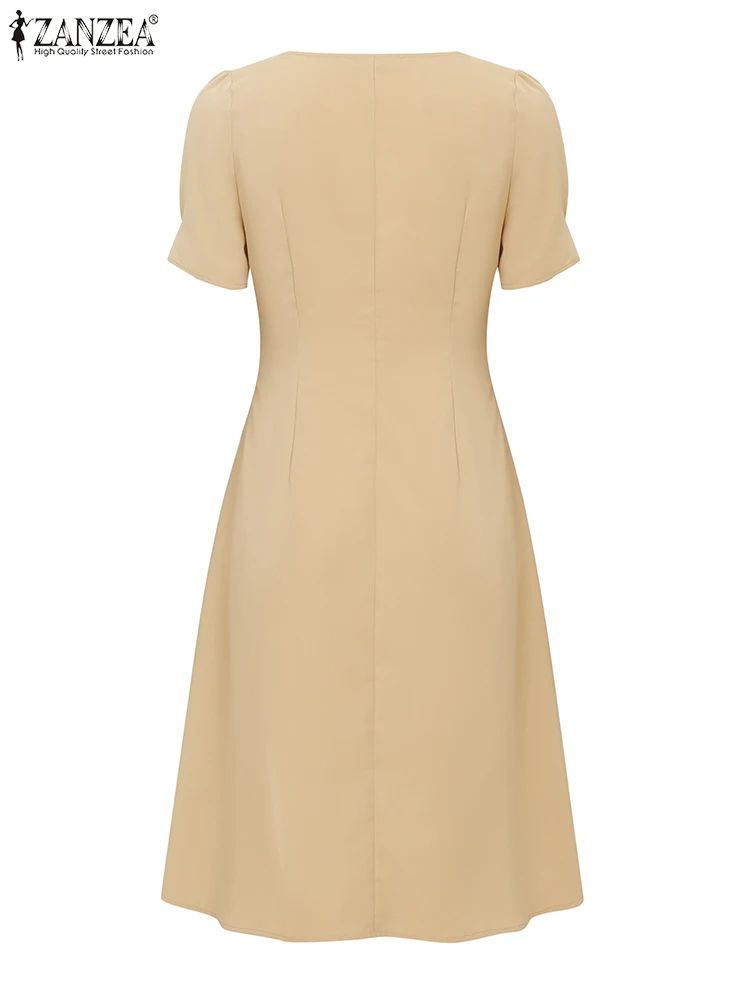 ZANZEA Women Elegant A-Line Dresses Summer Square Neck Short Puff Sleeve Knee-Length Robes Femme Office Layered Trim Vestidos