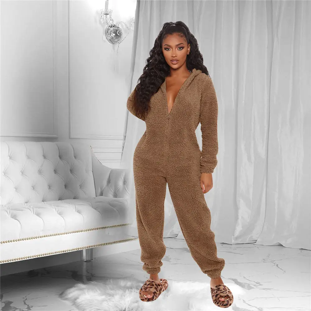 Winter Women Fleece Jumpsuit Oversized 5XL Teddy Bear Ears Kawaii Pajamas Hooded Half Zipper Coverall Sherpa Fuzzy Nighty