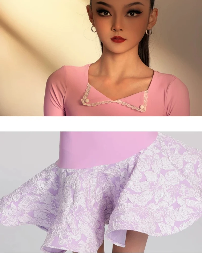 THEEPER Girls Latin Dance Dress Set, Lavender Purple 3/4 Sleeve Floral Skirt for Kids Latin Practice Wear, Latin Dance Costume view 6