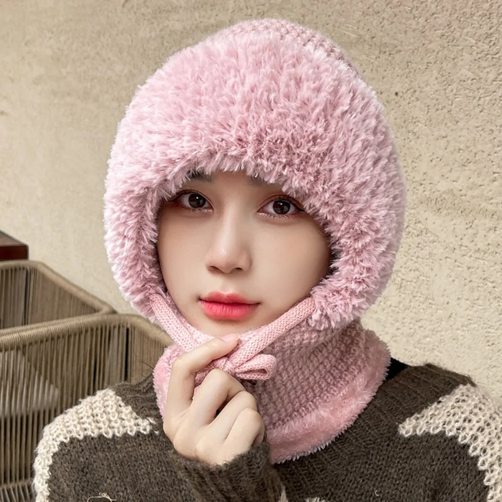 Simple Multi functional Balaclavas Hat With Ties Plush Knitted Beanies Hat Thickened Windproof Mask Neck Cover Set Ski