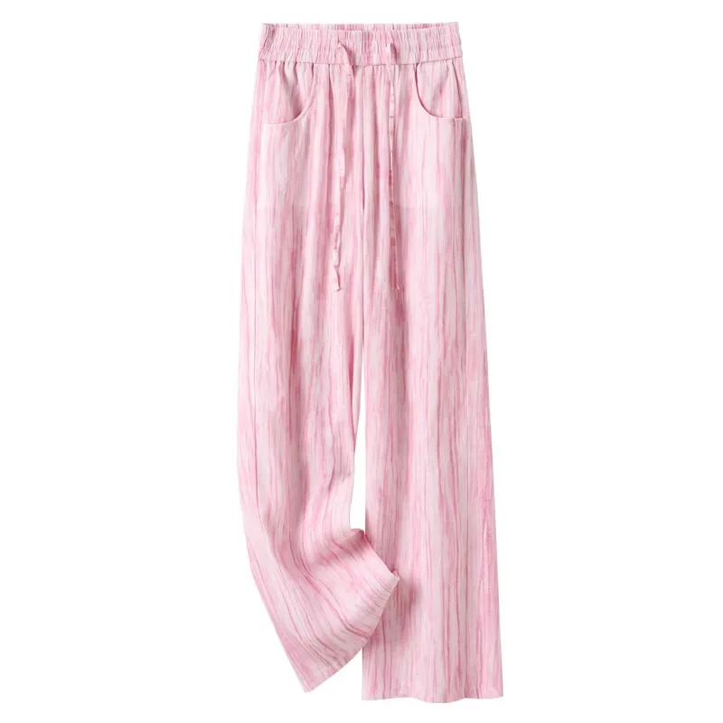 التعادل صبغ الحرير الجليد القطن الكتان السراويل واسعة الساق للنساء الصيف عارضة فضفاضة مريحة ثنيات الأزياء السراويل المستقيمة