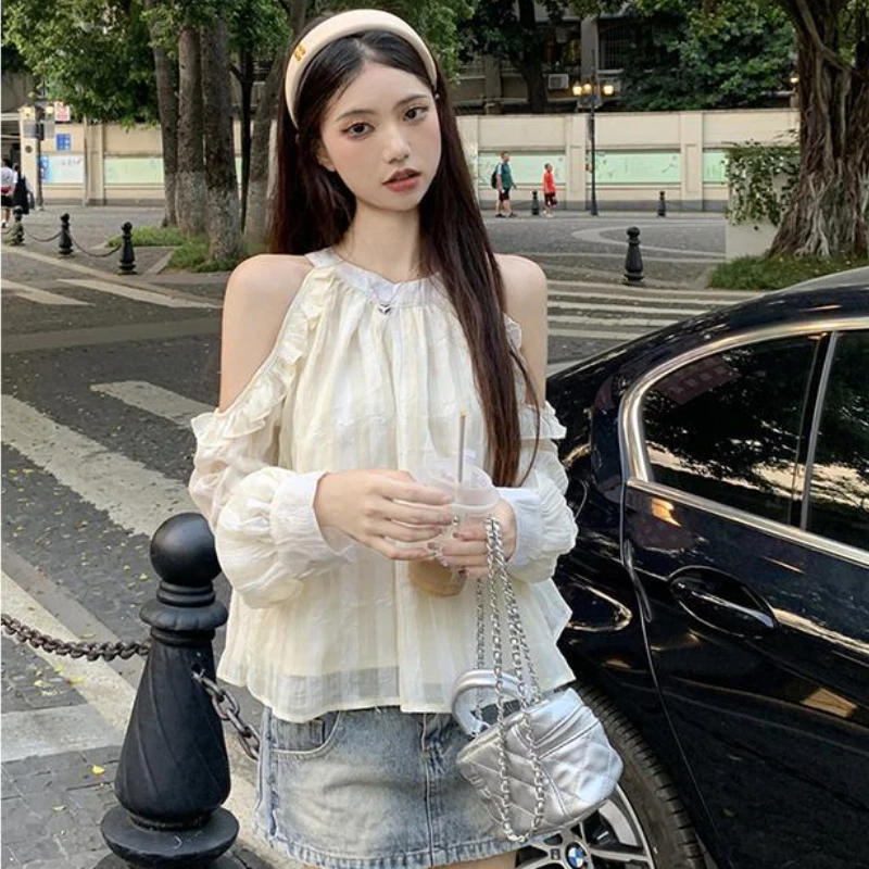 French Style Strapless Chiffon Blouse Women New Loose Solid Color O-neck Long-sleeved Versatile Office Lady Daily Tops Female