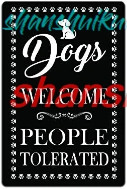 JP's Parcels Tin Signs for Home Wall Décor - Metal Sign for Pet Dog Owners, Black and White Look. 12 x 8 in. Dogs Welco ALL