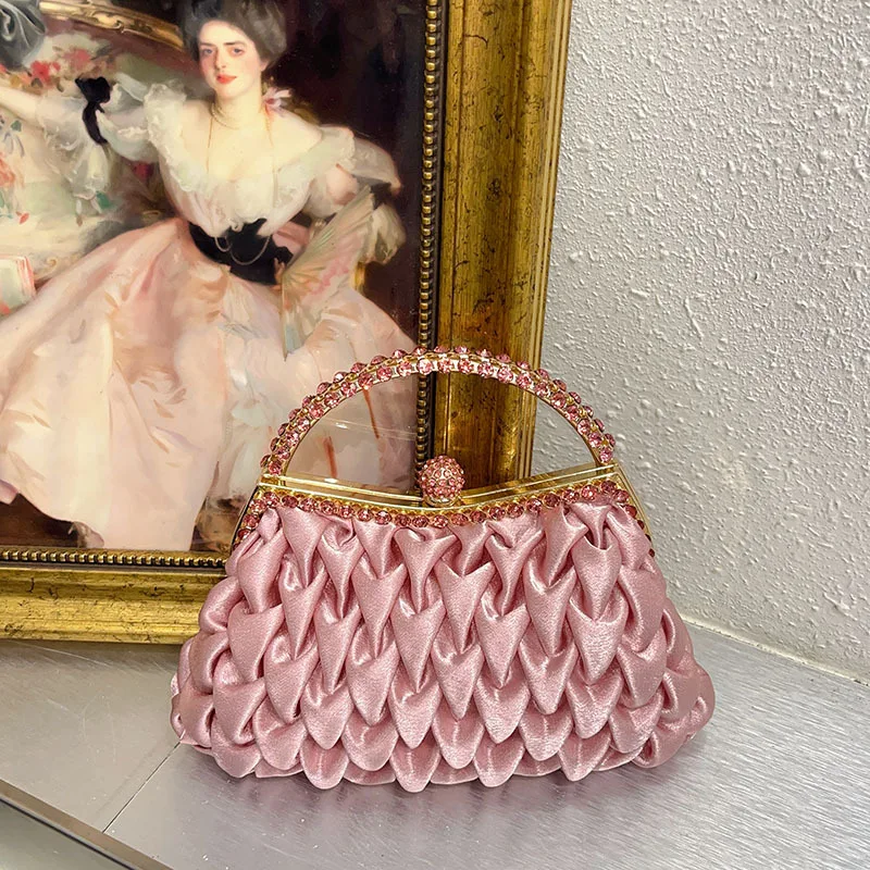 

Designer Luxury Silk Satin Pleated Evening Bag Glitter Diamonds Elegant Women's Handbags Party Wedding Purse Clutch Shoulder Bag