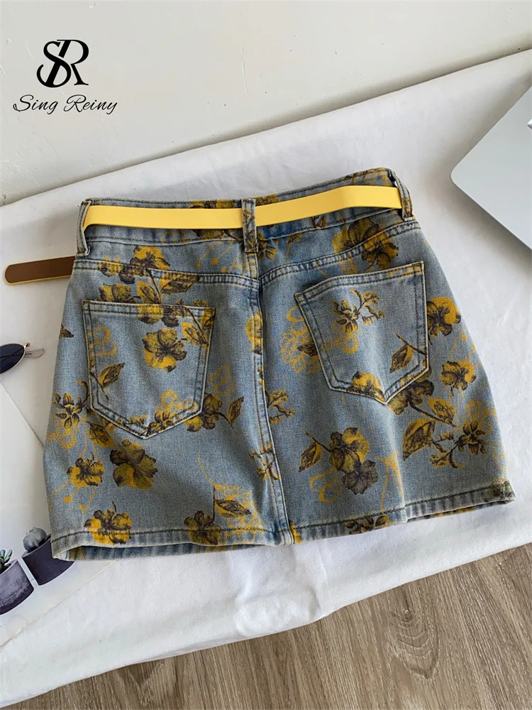 Vintage Print Denim Skirt Autumn New Sashes Pocket Hot Girl Daily Vacation Y2K Trendy Hotsweet Women Mini A-line Skirt