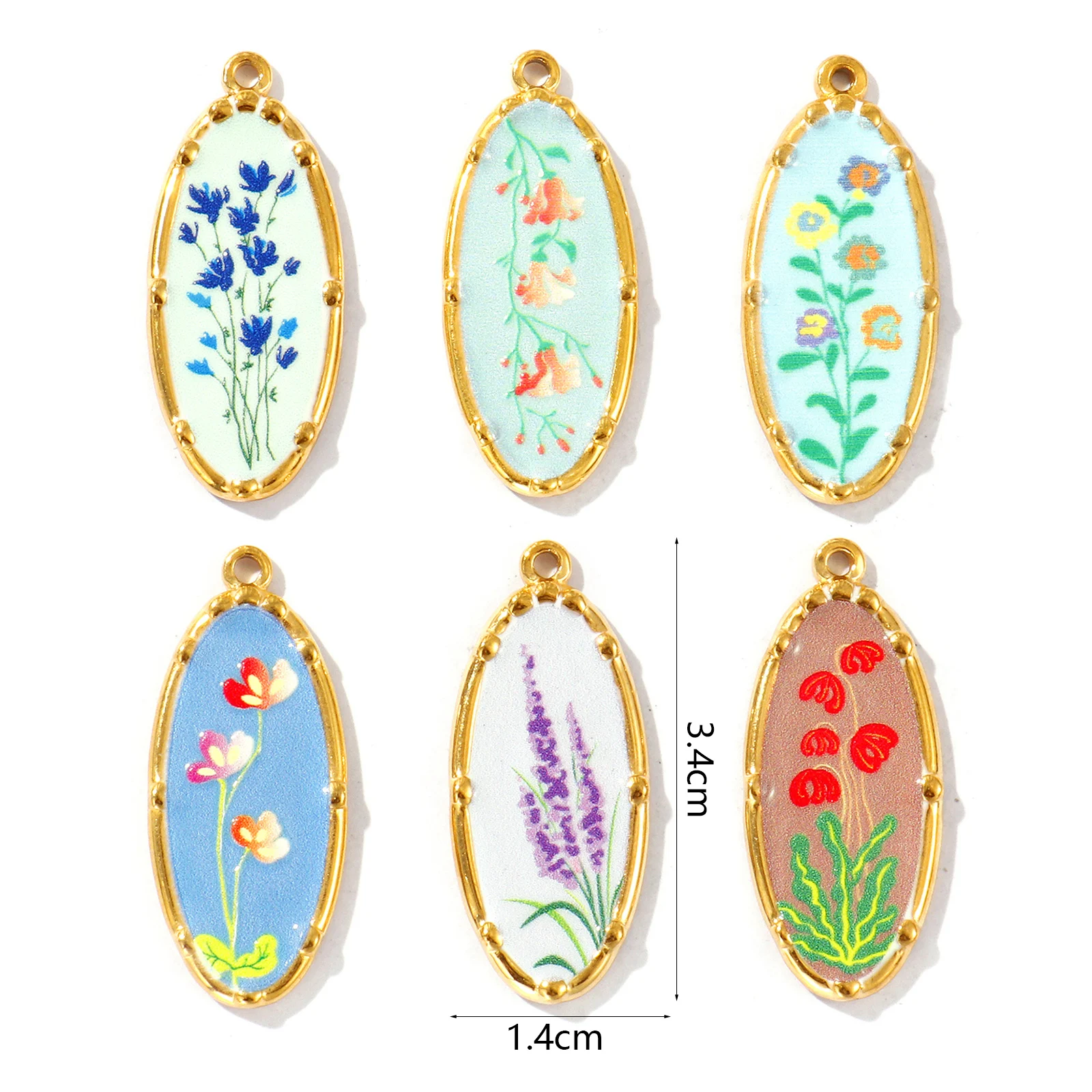 2 Pcs 304 Stainless Steel Charms Oval Flower Print 18K Gold Plated Pendant For DIY Necklace Bracelet Jewelry Making Findings