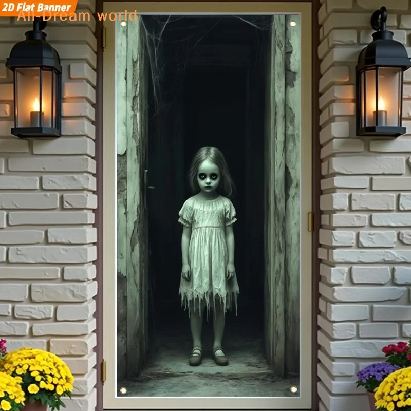 (1 PCS 2D Flat Banner Suitable For Halloween, Featuring A Large Ghost Girl Door Decoration)