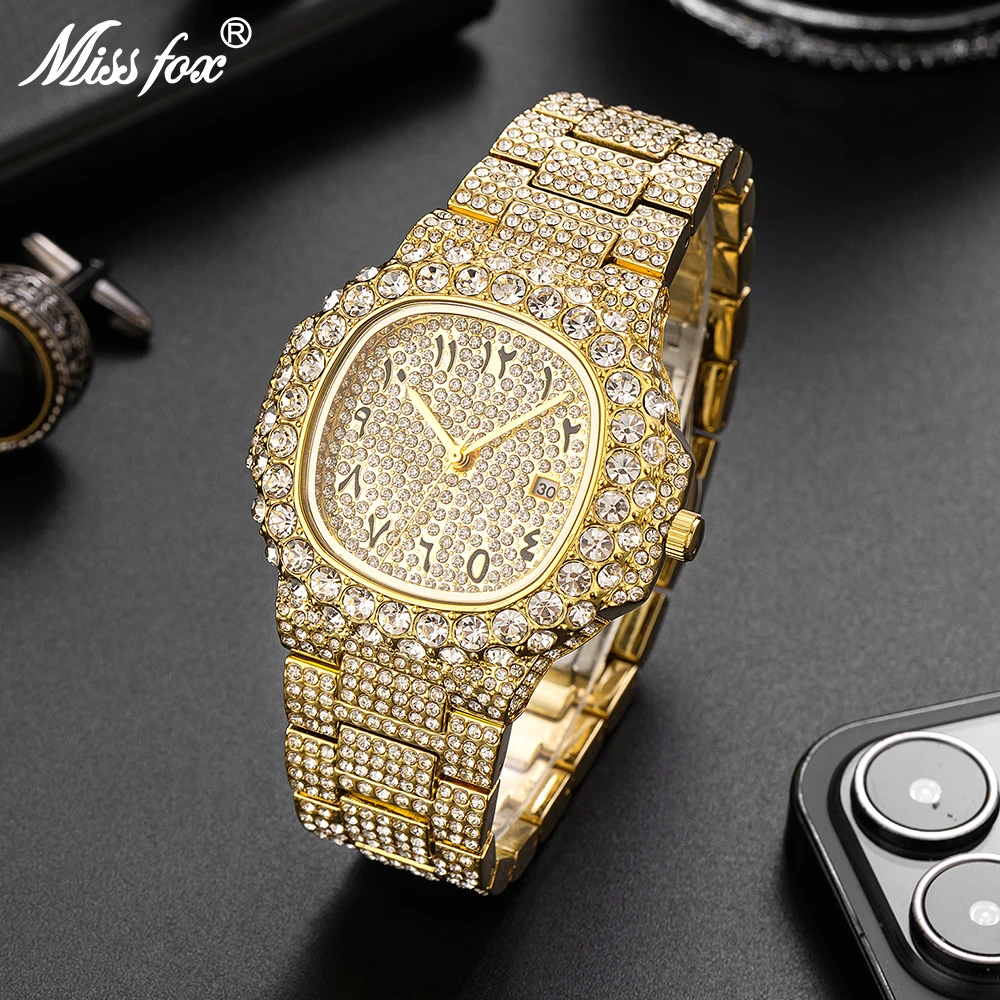 MISSFOX Iced Out Men Wristwatch Luxury Fashion Gold Quartz Watches Hip Hop High Quality Waterproof Male Diamond Clock New Gift