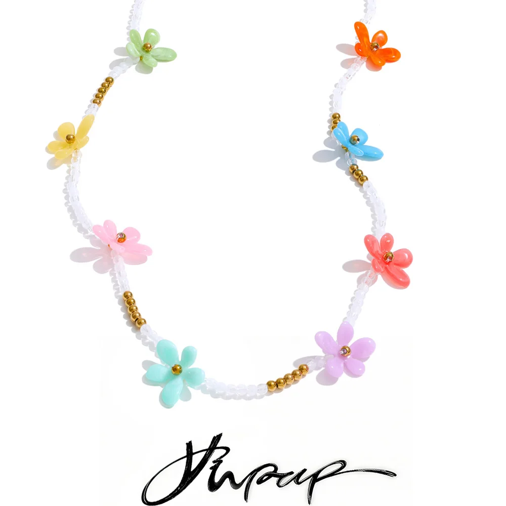 Yhpup 102+6cm Spring Summer Style Handmade Jewelry Colorful Resin Flower Beads Chain Long Exquisite Necklace Waterproof
