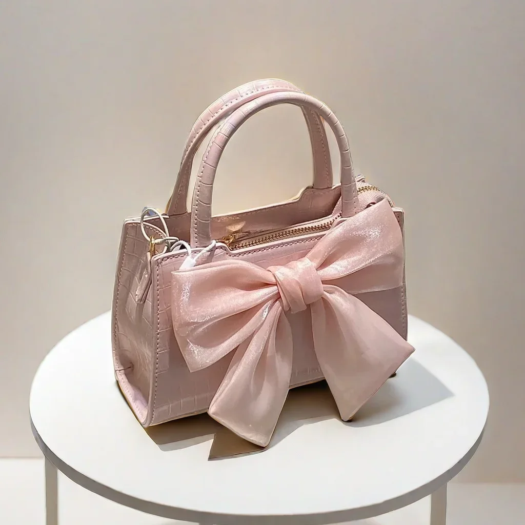 Bolsa de embreagem kawaii rosa bowknot para mulheres, bolsas de axilas femininas, bolsa quadrada pequena de ombro, bolsas de menina doce, verão